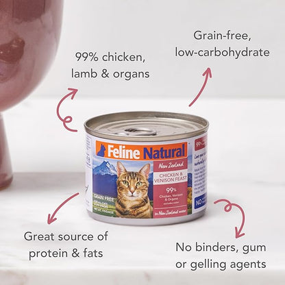 Feline Natural Wet Cat Food Pate, Chicken & Venison Feast, 6 Oz Cans (Pack of 12), Grain Free, Made in New Zealand with Cage-Free Chicken and Grass-Fed Venison