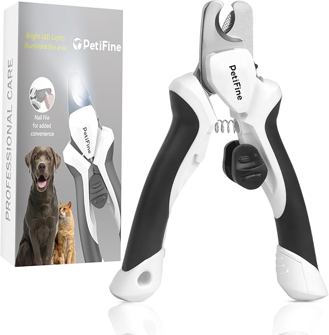 PetiFine LED Dog Nail Clippers with Light, Dog Nail Trimmer with Safety Guard & Nail File, Razor Sharp Blades, Pet Nail Trimmer/Clipper for Large & Medium Breeds (Batteries-Included)