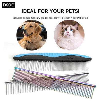3 PCS Dog Combs for Grooming Matting, Pet Grooming Tools, 2 in 1 Dog Combs with Rounded Ends Stainless Steel Teeth, Cat Comb for Removing Tangles and Knots, Pet Comb, metal comb for dogs, 7.4IN/1.3IN