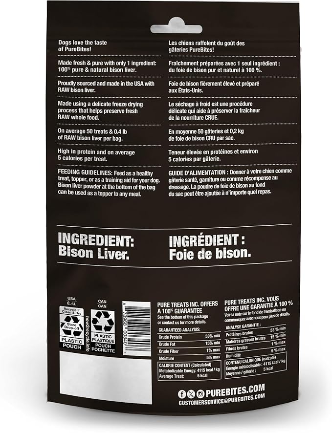 PureBites Wild Bison Freeze Dried Dog Treats, 1 Ingredient, Made in USA, 2.1oz