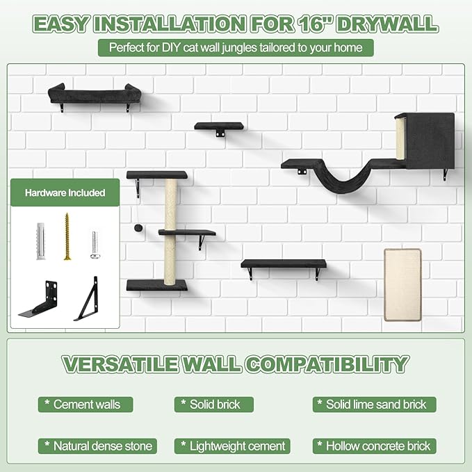 Cat Wall Shelves, Stable Safe 6 in 1 Cat Furniture Set Black, Wooden Climbing Wall with Scratching Post, Wall-Mounted Shelves & Play System