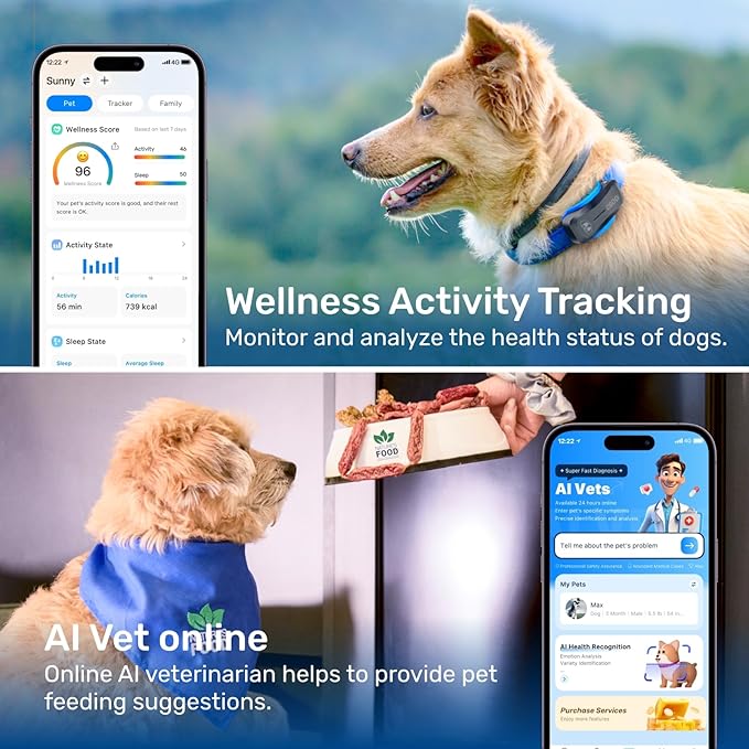 AI GPS Tracker for Dogs (30lbs+), Real Time Location and AI Vet Health Management, Electronic Fence, Waterproof, iOS and Android Universalï¼_lackï¼