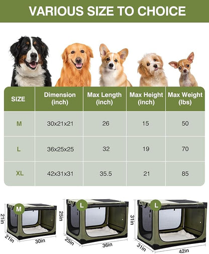 30-Inch Collapsible Travel Dog Crate, Portable 4-Door Soft Kennel for Medium to Large Dogs, Chew-Proof Mesh Windows, Indoor/Outdoor Use, Foldable, with Storage Bag (Green)