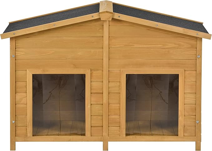 47" Outdoor Wooden Dog House with Porch, Asphalt Roof, 2" Height Raised Feet and Two Plastic Door Curtains, Brown