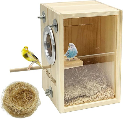 BNOSDM Parakeet Nesting Box Transparent Bird Breeding Nest Boxes Natural Wood Bird Cage (S)
