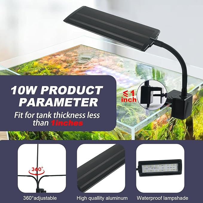 Clip-On LED Aquarium Light with Timer & Dimmable Brightness, 3 Lighting Modes, Flexible Gooseneck, Energy-Saving Fish Tank Lamp for 5-20 Gallon Betta, Nano & Planted Tanks