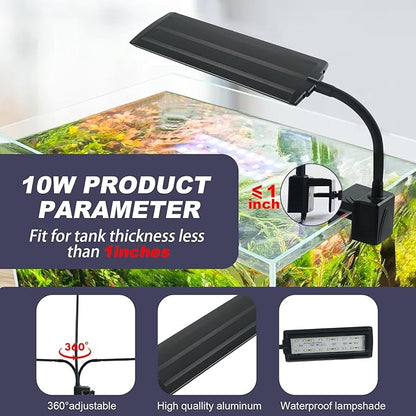 Clip-On LED Aquarium Light with Timer & Dimmable Brightness, 3 Lighting Modes, Flexible Gooseneck, Energy-Saving Fish Tank Lamp for 5-20 Gallon Betta, Nano & Planted Tanks