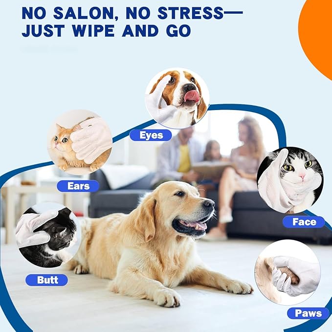 Pet Bathing Glove Wipes for Dogs and Cats, Lick Safe Deodorizing No Rinse Cleaning Glove Wipes with Plant-Based Cat Calming Ingredient, Cleaning Paws, Face, Fur and Butt (10 Pcs)