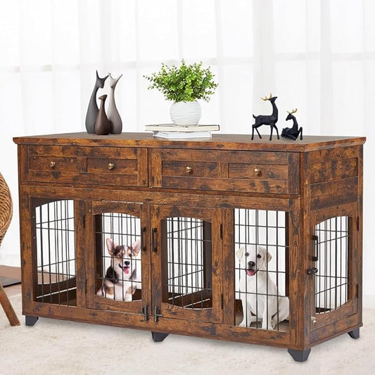Large Dog Crate Furniture, Double Dog Kennel Furniture with 2 Drawers and Removable Divider, XXL Heavy Duty Wood Dog Crate Table for 2 Dogs Indoor (Rustic Brown, 58in)