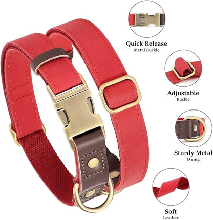 Didog Soft Padded Leather Dog Collars for Small Dogs, Classic Heavy Duty Dog Collar with Quick Release Metal Buckle, Adjustable Small Dog Collar Leather,Red,S