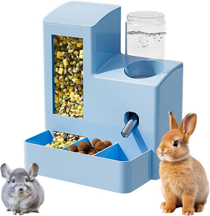 2 in 1 Guinea Pig Food Water Dispenser, Rabbit Water Bottle Leak-Proof, 2 in 1 No-Drip Automatic Dispenser for Guinea Pig Cage, Chinchilla, Ferret, Hamster Small Animal Waterer (Blue, 2 in 1)