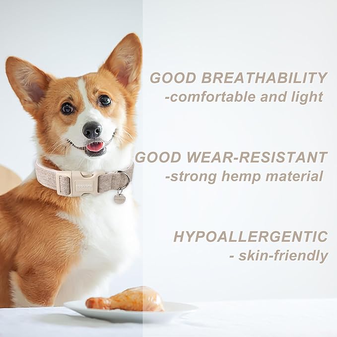 DOGWONG Cotton Hemp Dog Collar, Heavy-Duty Khaki Dog Collar Adjustable Soft Natural Fabric Pet Cute Wedding Puppy Necklace for Small Dogs"