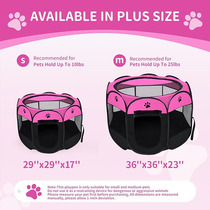 Dog playpen, Foldable Puppy Playpen, Pet Playpen Carrier Pop Up Tent 8-Panel Mesh Cover Adorable Design 600D Soft Oxford Playpen Kennel for Indoor-Outdoor Dog Cat Rabbit. (M 35" 35" 24", Rose)