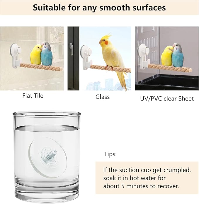 2Pcs Suction Cup Bird Perch,Natural Wood Parrot Window/Mirror/Car/Travel/Shower Perches Stand Portable Parakeet Grinding Stick Training Toys for Small and Medium Birds(Twist Grain)