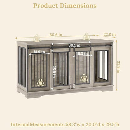 Rovibek 60.6" Double Dog Crate Furniture, Large Dog Kennel Furniture TV Stand for 2 Dogs, Furniture Style Dog Crates End Table, Wood Crates for Dogs Grey