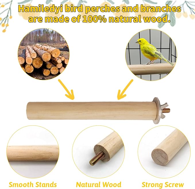 Hamiledyi Bird Perch Bird Stand Bird Cage Accessories Platform Natural Wood Perch Stick Playground for Small Medium Birds Cockatiel Parakeet Conure Cage Accessory (8 Pcs)