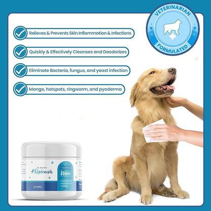 Replenish Antiseptic Wipes for Dogs and Cats - Dog Medicated Wipes with Chlorhexidine and Ketoconazole - Pet Grooming Wipes - Dog Allergy Wipes for Itch Relief, Hot Spots & Skin Irritation - 50 Count