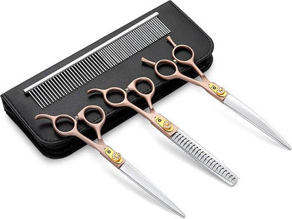 7 Inch Professional Pet Grooming Scissor, 440C Japanese Steel Straight & Curved & Thinning & Chunker Shears/Scissors for Dog Cat and More Pets (7-inch-Grooming Scissors Set 02)