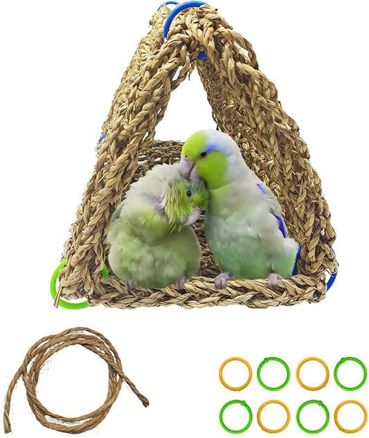 Tfwadmx Large Bird Seagrass Hammock, 3Pcs 7x11.8in Seagrass Mat for Birds, Hanging Parrot Toys, Counre House Hut Hideout for Parakeets, Lovebirds, Budgies, Cockatiels