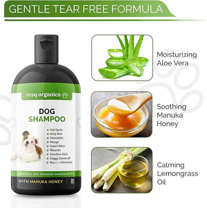 Hypoallergenic Dog Shampoo, Cleans and Soothes Dry Flakey Skin, Reduce Dandruff, Shedding, Calms Itching, Scratching, Organic Aloe & Manuka Honey Softens Fur Moisturizes and Deodorizes