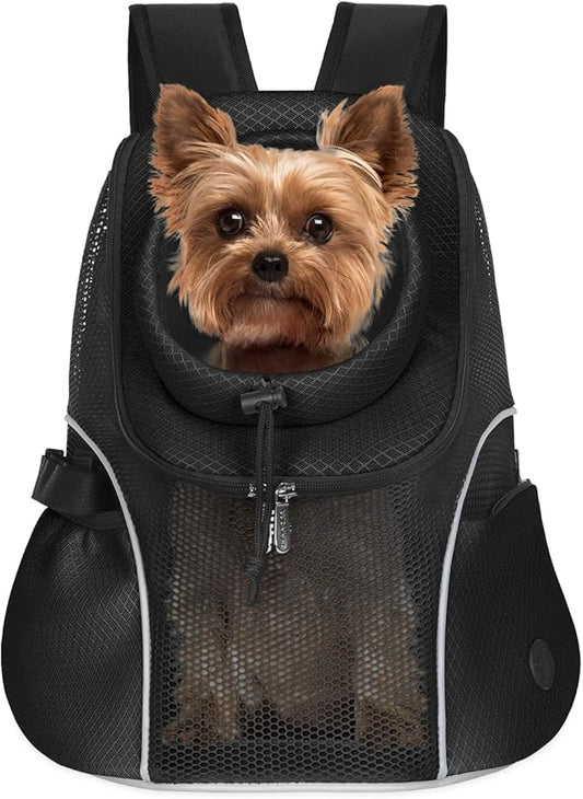 WOYYHO Pet Dog Carrier Backpack Small Dog Front Backpack Ventilated Mesh Dog Travel Back Pack with Safety Belt for Travel Hiking Cycling Outdoor Use (M (5-9 lbs), Black)