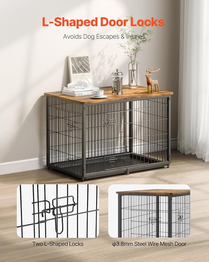 VEVOR 38" Dog Crate Furniture With Double Doors, 2-in-1 Decorative Wooden Kennel End Table, Removable Tray, Holds up to 70 lbs for Small, Medium Dogs - Brown