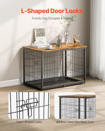 VEVOR 38" Dog Crate Furniture With Double Doors, 2-in-1 Decorative Wooden Kennel End Table, Removable Tray, Holds up to 70 lbs for Small, Medium Dogs - Brown
