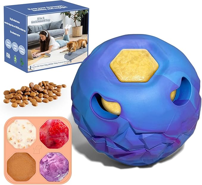 5-in-1 Dog Enrichment Toy  Bite & Brush Freeze Ball, Large Dog Toys, Interactive Chew Toy for Large Aggressive Chewers (25-85 lbs), Freezable Bone for Dogs, Homemade Treat Dispenser, Easy to Clean