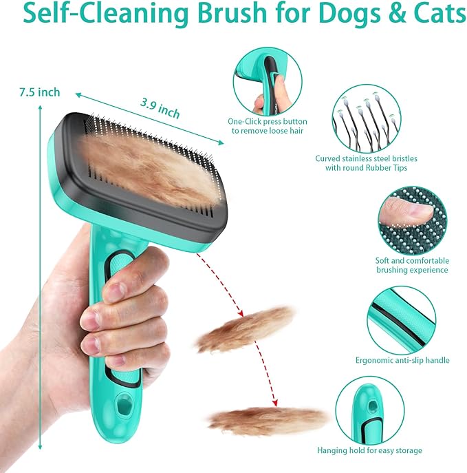 Dog Brush Kit for Grooming Short & Long Haired Dogs & Cats, 5 in 1 Pet Grooming Set for Small Animals, 5 PCS Puppy Self-Cleaning Slicker Brush and Pet Comb for Shedding Medium & Large Dogs