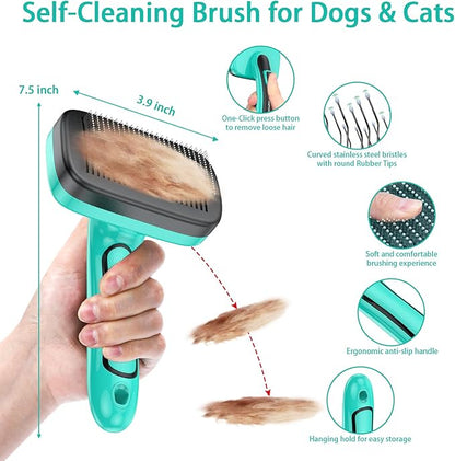 Dog Brush for Shedding Short Long Haired Cats, 4 in 1 Pet Grooming Kit for Small Medium & Large Animals. Removes Loose Fur, Mats, Tangled. Easy Cleaning. Undercoat Rake + Bath Brush Included