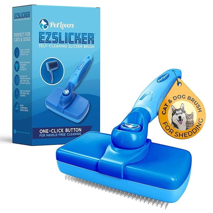 PetLovers EzSlicker Self-Cleaning Brush - Dog Brush for Shedding, Gentle Slicker Brush for Cats, Tangle-Free Grooming Comb with Soft Bristles & Ergonomic Handle for Stress-Free Grooming
