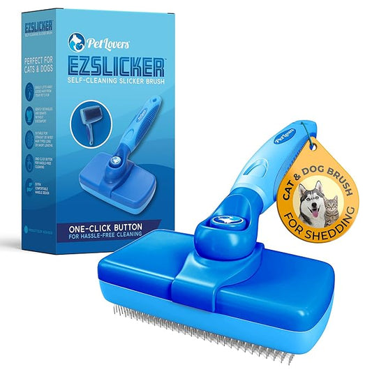 PetLovers EzSlicker Self-Cleaning Brush - Dog Brush for Shedding, Gentle Slicker Brush for Cats, Tangle-Free Grooming Comb with Soft Bristles & Ergonomic Handle for Stress-Free Grooming