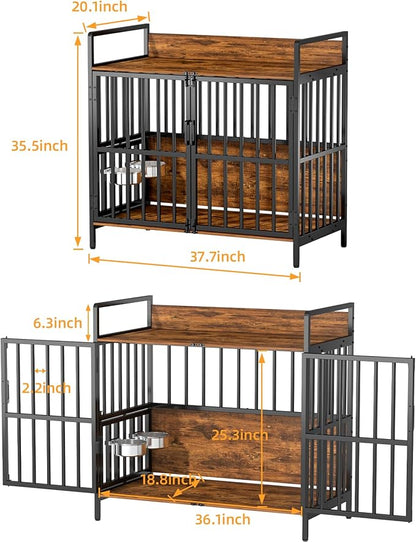 Large Dog Crate Furniture, with 360° Adjustable Elevated Feeder, Heavy Dog Furniture, Indoor Decorative Dog Kennel, Sturdy Metal Construction, 38" W_21" D_36" H, Rustic Brown Finish
