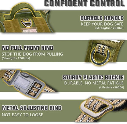 Auroth Tactical Dog Harness for Small Medium Large Dogs No Pull Adjustable Pet Harness Reflective K9 Working Training Easy Control Pet Vest Military Service Dog Harnesses L,Green