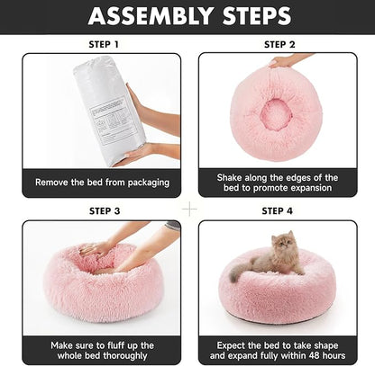 OhGeni Calming Donut Cat Beds For Indoor Cats, Machine Washable Plush Warming Bed For Kitten & Puppy, Anti-Slip Round Cuddle Comfort Pet Bed, Cozy Fluffy Fur Bed for Small Cats & Dogs, Pink, 20 inches