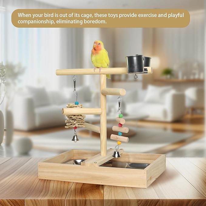 Bird Play Stand with Perch, Two Toys, Two Food Cups, Removable Tray - Suitable for Lovebirds, Cockatiels, Budgies, Parakeets