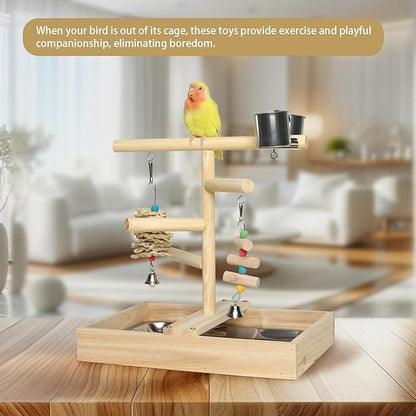 Bird Play Stand with Perch, Two Toys, Two Food Cups, Removable Tray - Suitable for Lovebirds, Cockatiels, Budgies, Parakeets