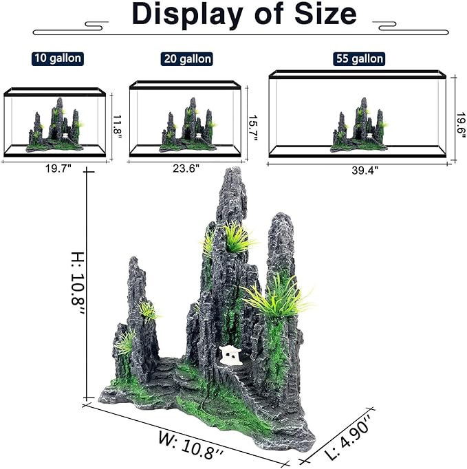 Aquarium Mountain View Stone Ornament - Rock Decorations for Large Fish Tank,Aquarium Decorations Large Fishtank Decoration for Fish Tank - 10.8 Inches Long