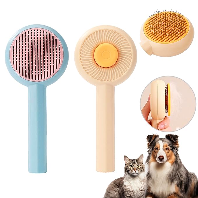 2 Pcs Cat Grooming Brushes, Pet Hair Cleaner Brush, Pet Massage Brushes for Cats Dogs with Self-Cleaning Button, Pet Shedding Brush for Removing Tangles Loose Fur