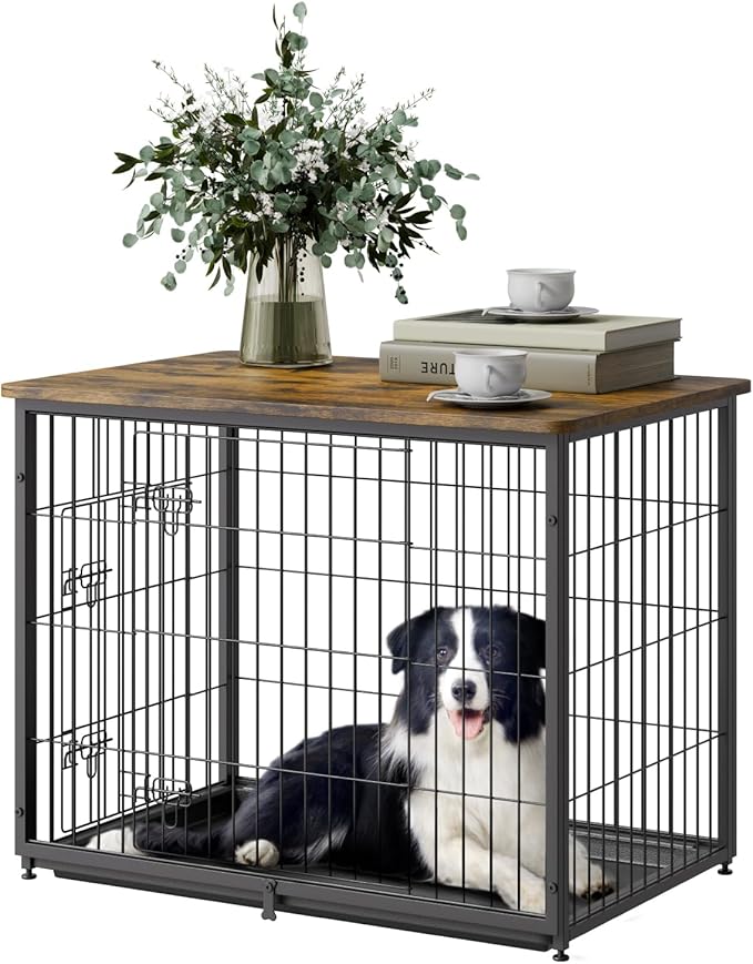 VEVOR 33" Dog Crate Furniture, Dog Kennel Furniture with Double Doors, 2-in-1 Decorative Wooden Dog Crate with Removable Tray, Dog Crate End Table Hold up to 45 lbs for Small, Medium Dogs Brown