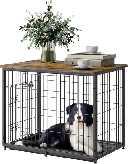 VEVOR 33" Dog Crate Furniture, Dog Kennel Furniture with Double Doors, 2-in-1 Decorative Wooden Dog Crate with Removable Tray, Dog Crate End Table Hold up to 45 lbs for Small, Medium Dogs Brown