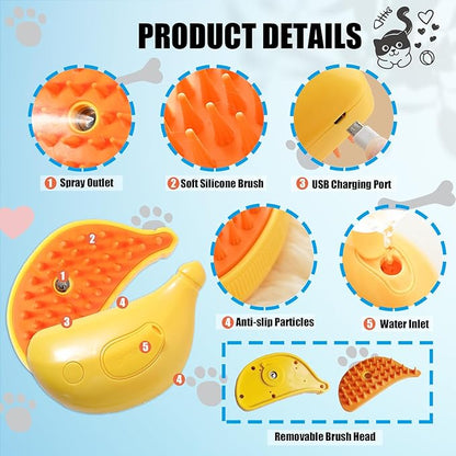 3 in 1 Water Brush with Steam for Pet Grooming - Dog and Cat Grooming Brush with Steam, Cepillo Para Gatos ALD-001-Y (Banana Yellow)