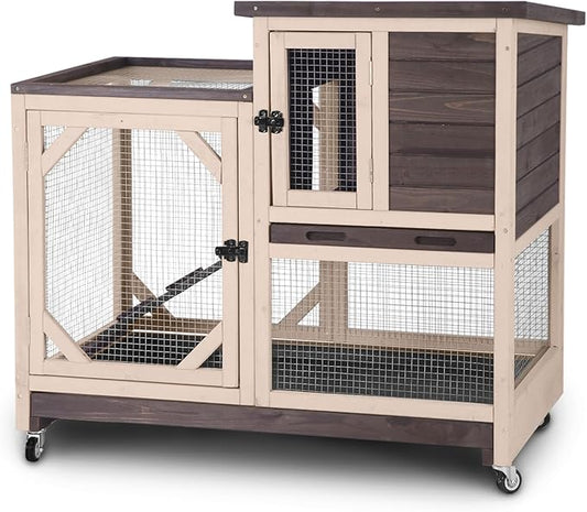 GUTINNEEN Rabbit Hutch Indoor 2 Story with 3 Doors, Outdoor Bunny Cage with Movable Wheels and Easy Clean Trays for Guinea Pig Cage 40.6" L