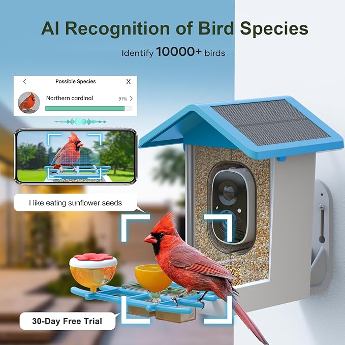 Smart Bird Feeder with Camera: Solar Powered Birdhouse with AI Recognition, Wireless Bird House with Camera for Outdoor, Unique Birthday Gifts for Mom Dad - Blue