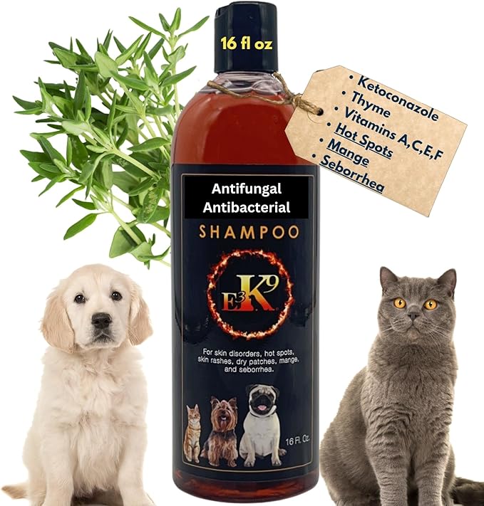 E3K9 Medicated Dog & Cat Shampoo - Antifungal & Itchy Skin Relief with Ketoc & Thymol - Hot Spot, Mange, Seborrhea Treatment - Antifungal Dog Shampoo for Yeast
