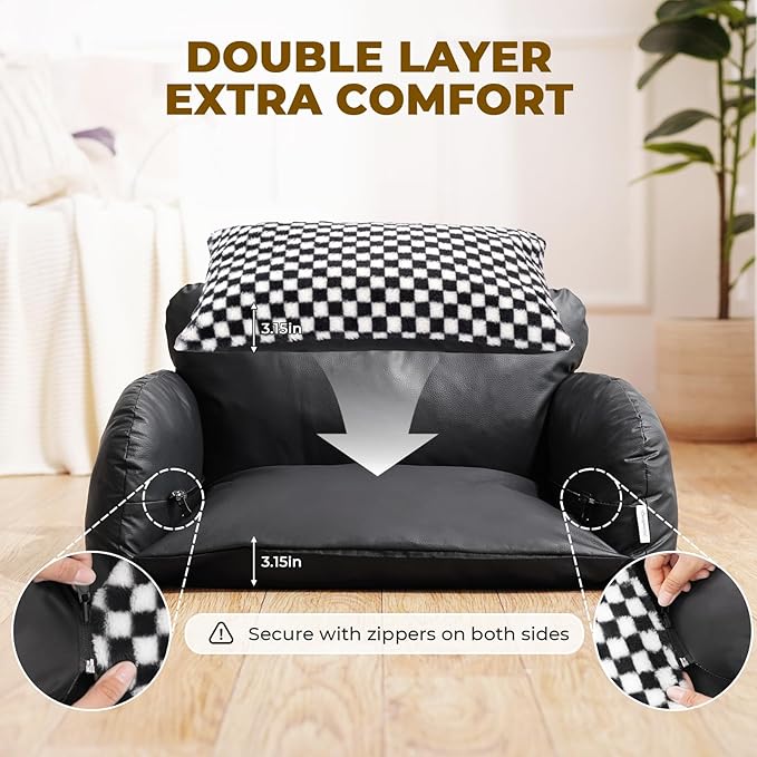 BurgeonNest Cat Couch Bed & Dog Sofa Bed for Small Dogs & Cats up to 15lbs, Double Layer Cushion Extra Comfort, Leather & Plush Material Scatch-Resistant, Waterproof, Black