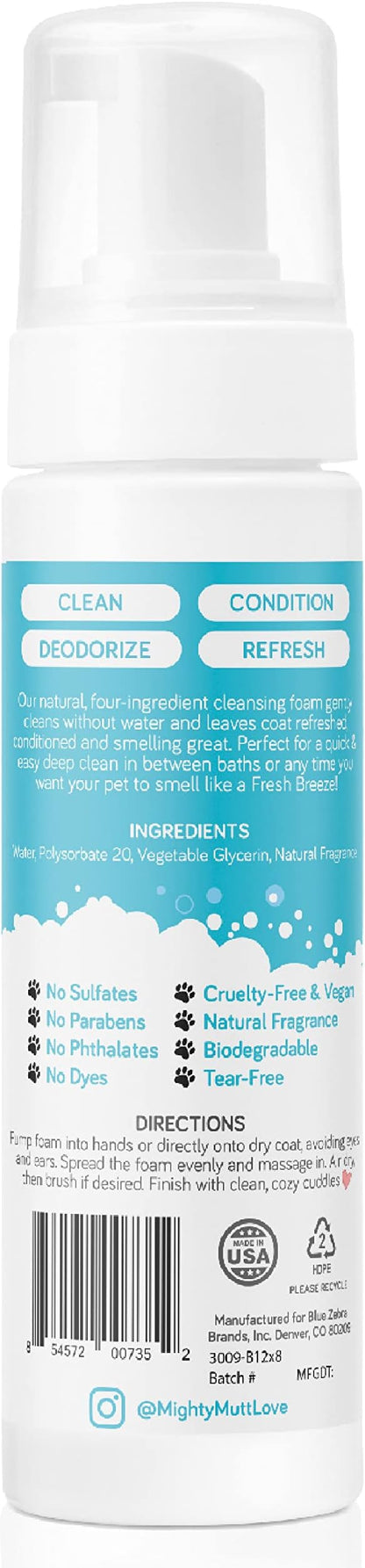 Mighty Mutt Hypoallergenic Waterless Shampoo for Dogs | Dry Shampoo for Dogs | Waterless Foam No Rinse | Anti-Itch, Soothing and Deodorizing | Fresh Breeze | 8 Fl Oz