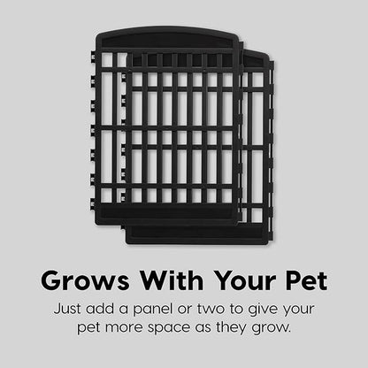 34" 8-Panel Pet Playpen with Door, Medium Large Dog Secure Easy Assemble Easy Storing Customizable + 34''H 2 Add on Panels, Heavy-Duty Molded Plastic Rust-Free Non-Skid Rubber Feet, Black