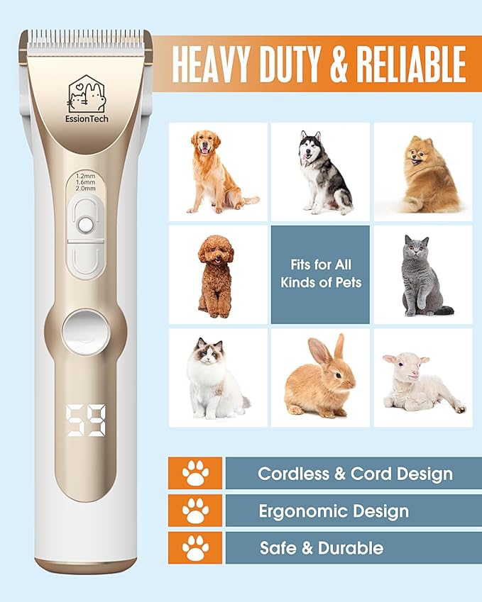 Dog Hair Clippers for Grooming Kit at Home Paw Trimmer Pet Grooming Clippers for Dog Professional Thick Hair Low Noise Cordless Pet Tools for Small & Large Dogs Cats (2in1)