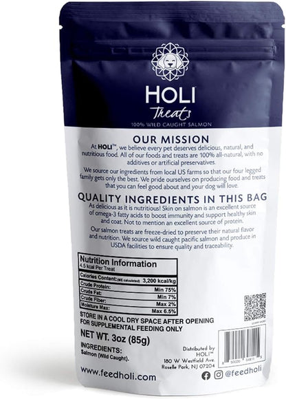 HOLI Freeze Dried Salmon Dog Treats - with Omega 3 and 6 Fish Oil - All Natural Dog Treats - Human Grade - Wild Caught Salmon - Made in USA - Grain Free - Diabetic Friendly